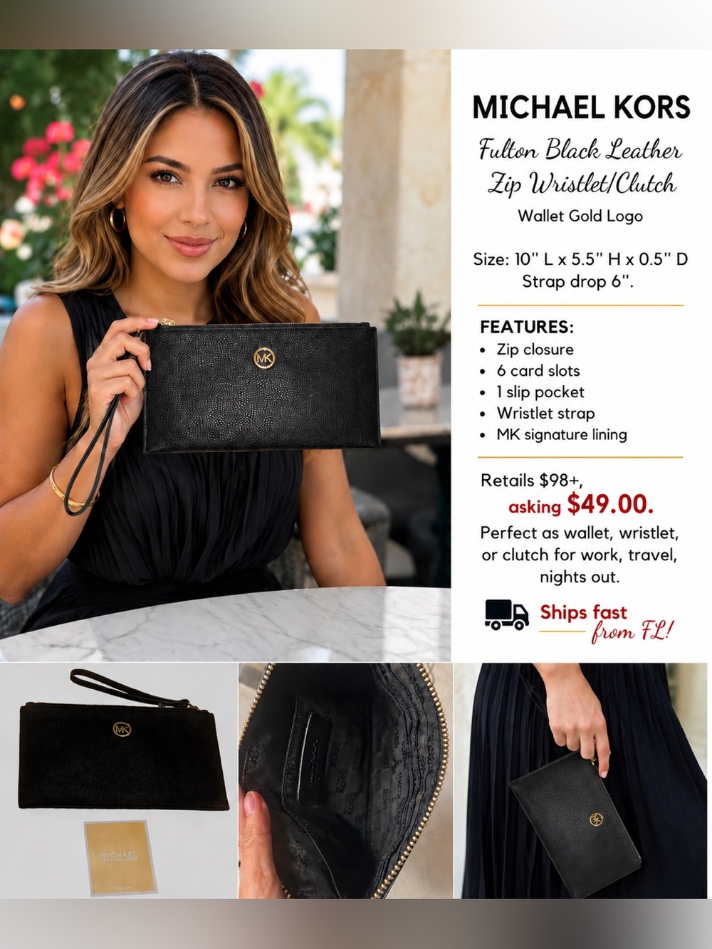 Michael Kors Fulton Zip Clutch Wristlet Wallet Black Leather Gold Logo